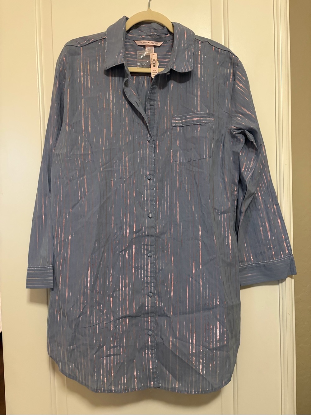 💙🪽💗Victoria's Secret Pink Metallic Stripes Button-Down Pajama Shirt Dress 💗🪽💙